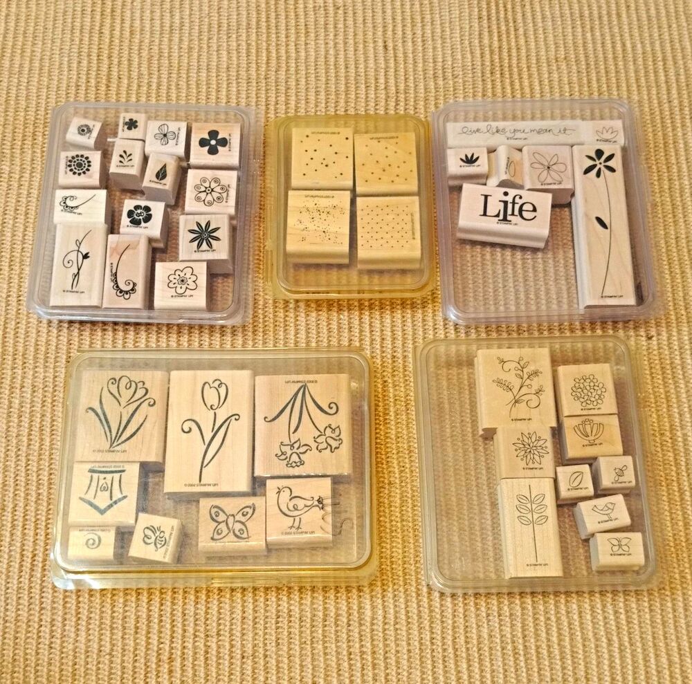 Stampin' Up! Lot of 5 Cases Mounted Wood Rubber Background Stamps Floral & Words